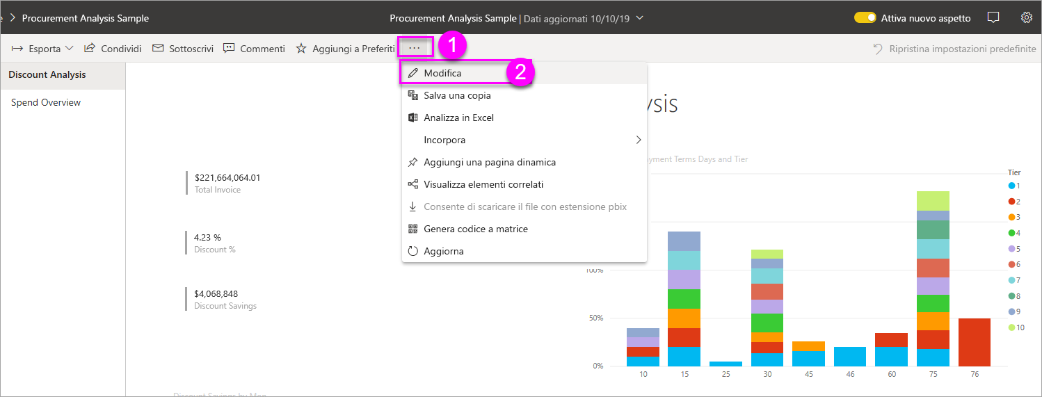 Screenshot del report, con le opzioni Altre opzioni e Modifica evidenziate.