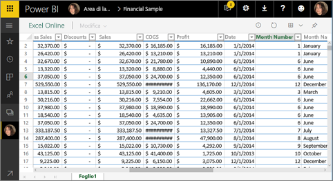 Screenshot che mostra Excel Online in Power BI.