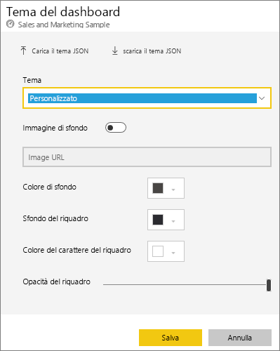 Screenshot della finestra di dialogo Tema dashboard con l'opzione Tema personalizzato selezionata.