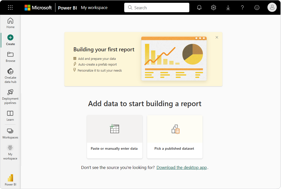 Screenshot che mostra la nuova esperienza per il caricamento dei dati nel servizio Power BI.