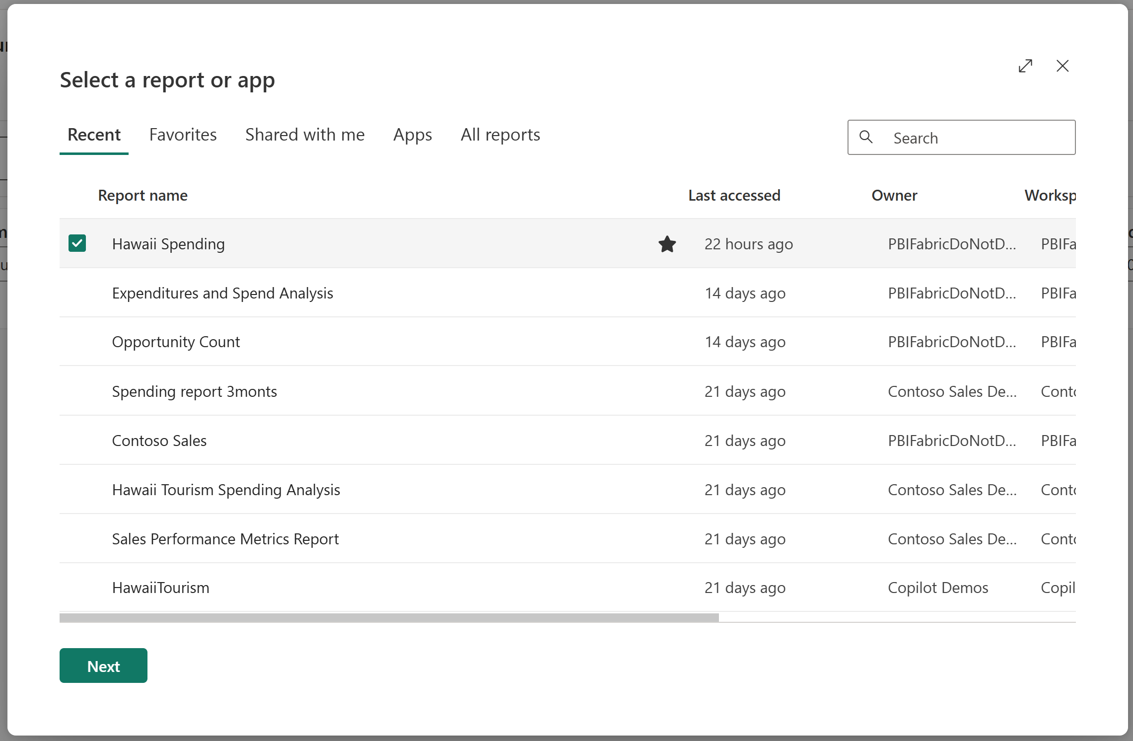 Screenshot di Selezionare il report contenente il valore dei dati a cui connettersi.