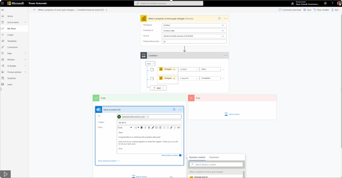 Screenshot di un esempio di un flusso configurato in Power Automate per il tuo scorecard.