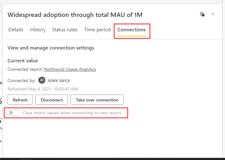 Screenshot che mostra l'interruttore delle impostazioni di connessione dati della scorecard.