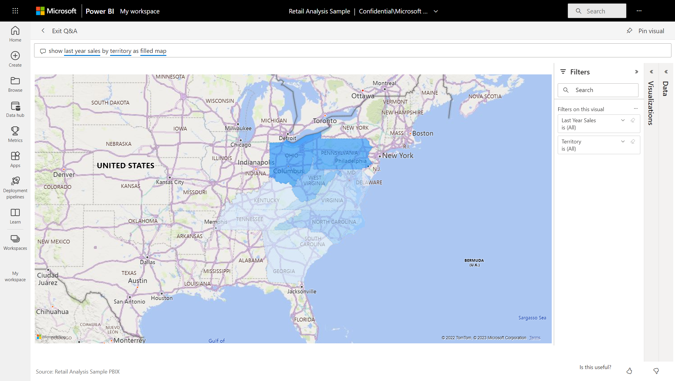 Screenshot di una visualizzazione mappa di Domande e risposte.