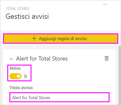 Screenshot della finestra Gestisci avvisi, con l'evidenziazione Aggiungi regola di avviso, il Totale avvisi impostato su attivato e Avviso per Total Stores.