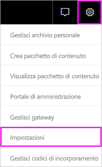 Screenshot della barra dei menu di Power BI, con l'icona a forma di ingranaggio e l'opzione Impostazioni in evidenza.