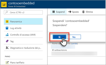 Screenshot del portale di Azure, che mostra il pulsante Sì evidenziato nella finestra di dialogo Sospendi capacità.