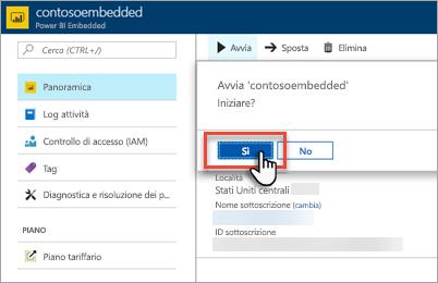 Screenshot del portale di Azure, che mostra il pulsante Sì evidenziato nella finestra di dialogo Avvia capacità.