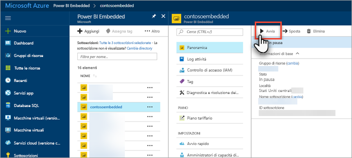 Screenshot del portale di Azure, che mostra il pulsante Avvia evidenziato.