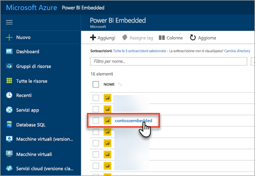 Screenshot di una capacità di Power BI Embedded nel portale di Azure.