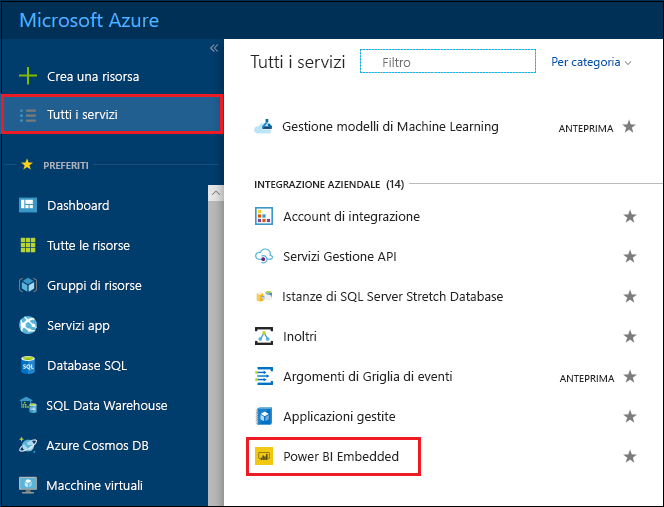 Screenshot dei servizi di Azure nel portale di Azure.