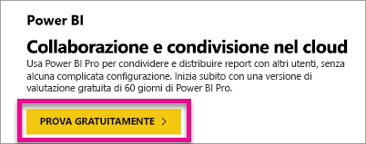 Screenshot che illustra l’offerta della versione di prova gratuita di Power BI.