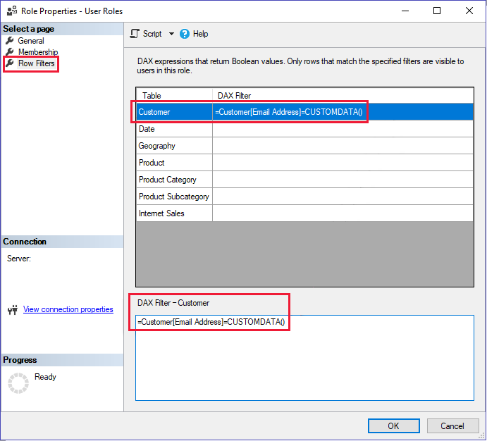 Screenshot che mostra come aggiungere la funzione customData alla query DAX in un nuovo ruolo nel server Analysis Services.