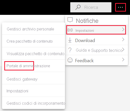 Screenshot che mostra l'opzione di menu per le impostazioni di amministrazione nel menu delle impostazioni del servizio Power BI.