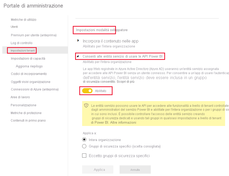 Screenshot che illustra come abilitare l'opzione Impostazioni modalità sviluppatore nell'opzione del menu Impostazioni tenant, nel servizio Power BI.