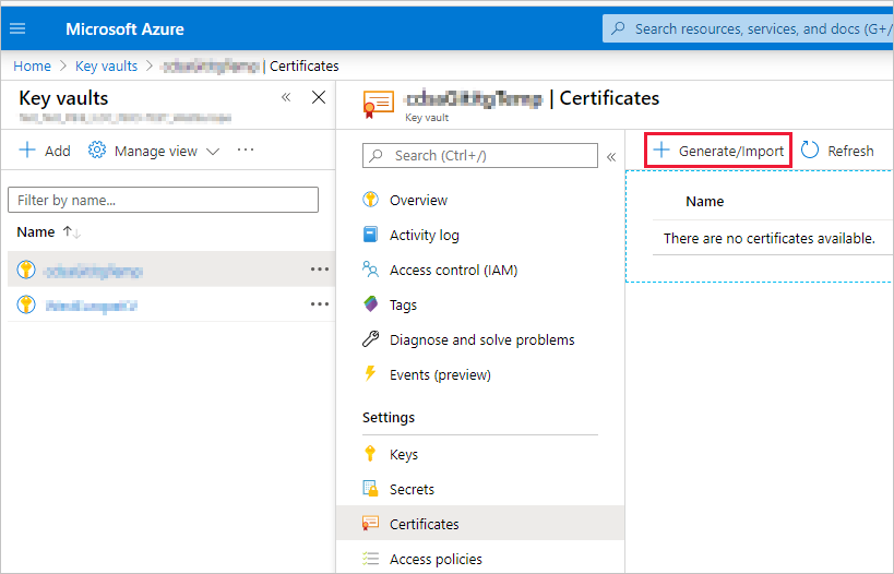 Screenshot della finestra del portale di Azure, che mostra il riquadro Certificato con l'elemento Genera/Importa evidenziato.