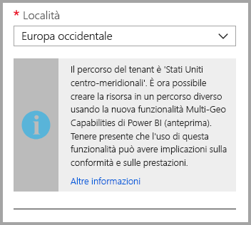 Screenshot della schermata di creazione della capacità del portale di Azure, che mostra che la posizione della capacità è diversa da quella predefinita del tenant.