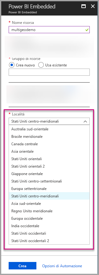 Screenshot della schermata di creazione della capacità del portale di Azure, che mostra il menu a discesa della posizione evidenziato.