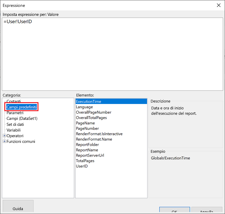 Nello screenshot viene visualizzata la finestra Espressione con Campi predefiniti selezionato in Categoria e ExecutionTime selezionato in Elemento.
