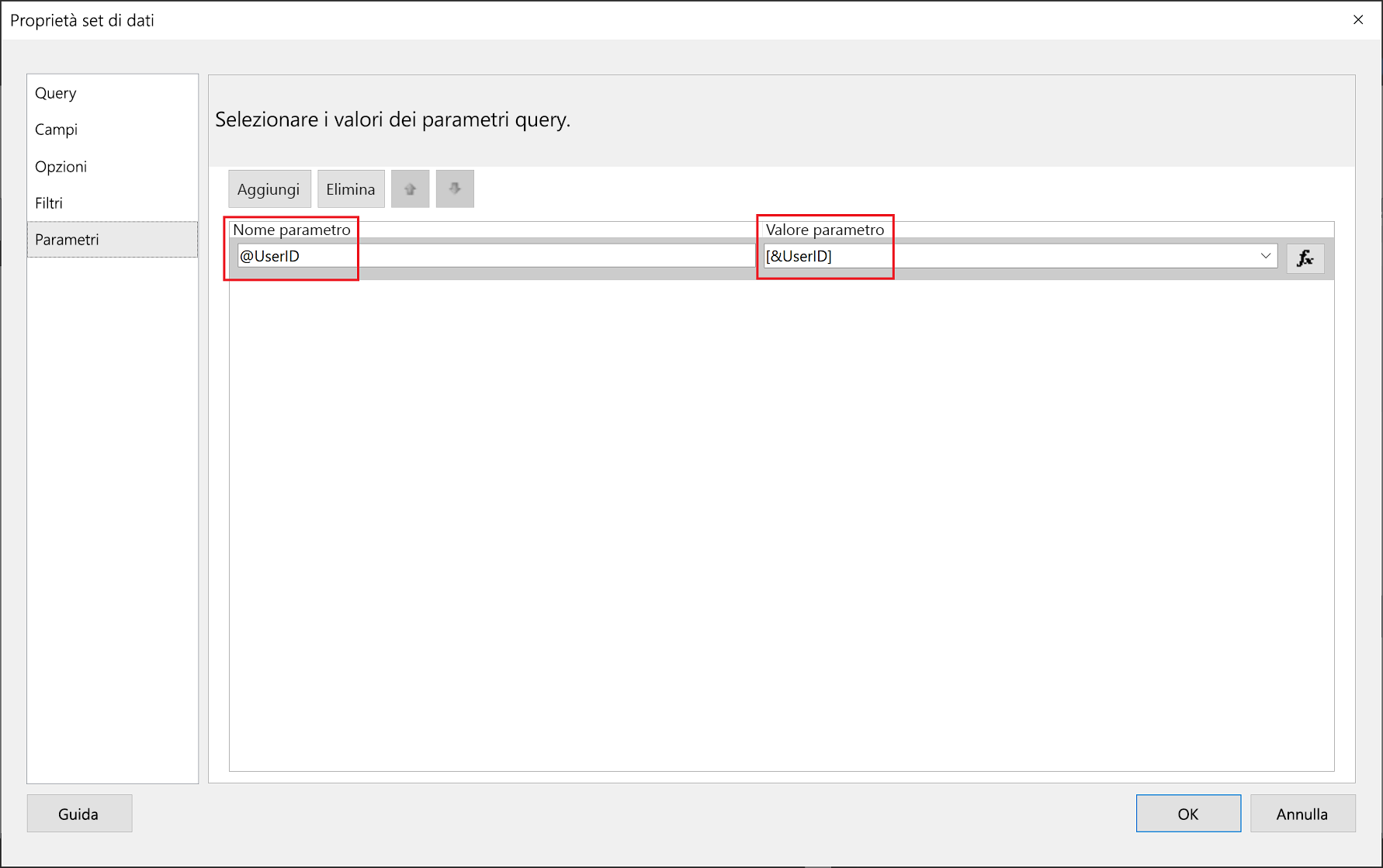 Nome parametro di Generatore report di Power BI