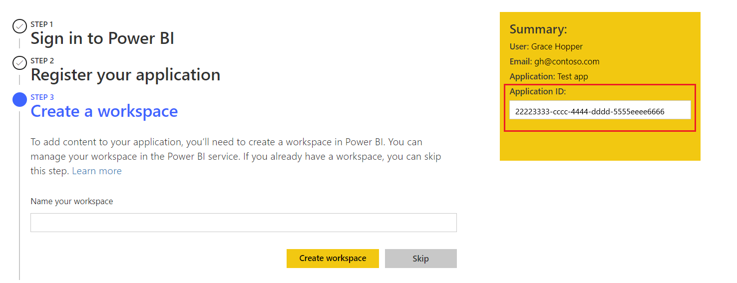 Screenshot dello strumento di installazione dell'analisi incorporata di Power BI, con una casella Riepilogo a destra. Le informazioni nella casella includono un ID applicazione.