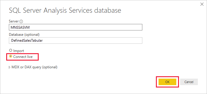 Screenshot dei dettagli di Analysis Services.