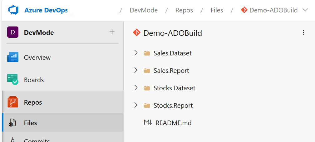 Screenshot che mostra il ramo Azure DevOps con cartelle per diversi elementi dell'area di lavoro.