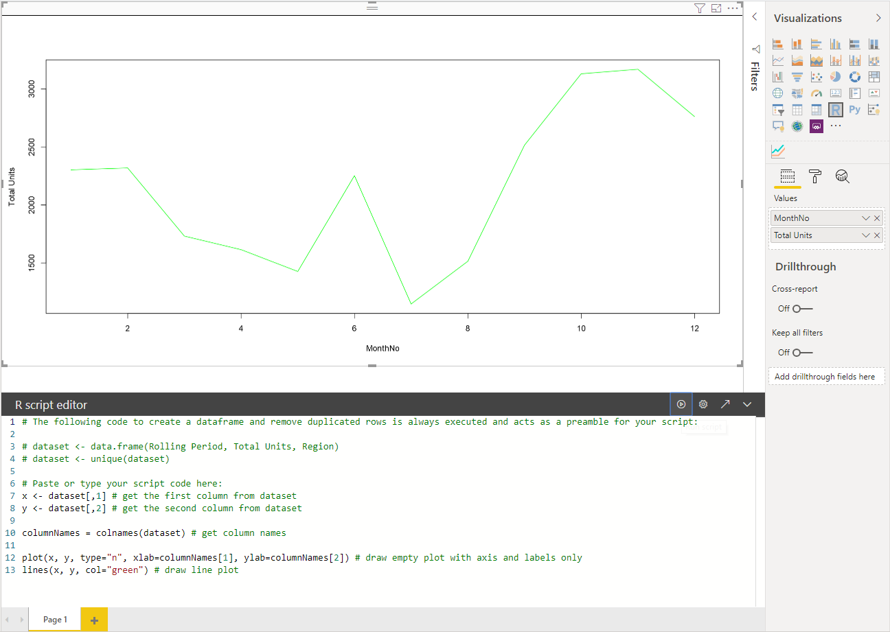 Screenshot del risultato dell'esecuzione dello script, ovvero un tracciato a linee.