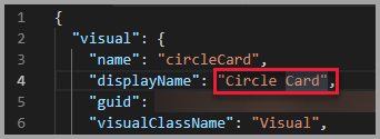 Screenshot di VS Code, che mostra il valore del nome visualizzato impostato su Circle Card.