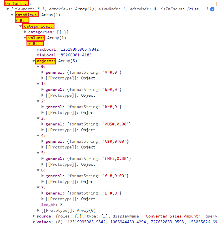 Screenshot del contenuto delle opzioni di aggiornamento con stringhe di formato dinamico.