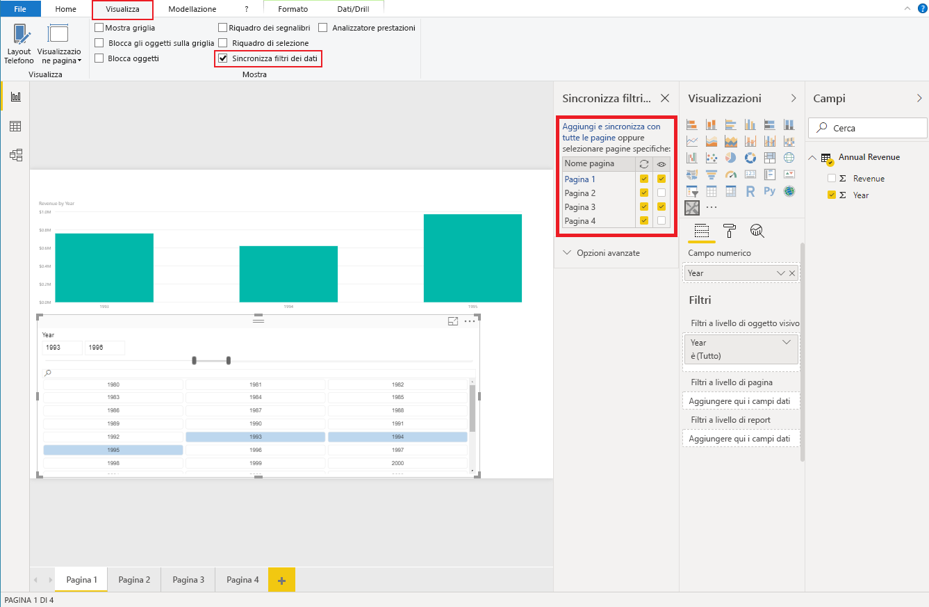 Screenshot di Power BI Desktop con il riquadro Visualizza sincronizzazione filtro dei dati.