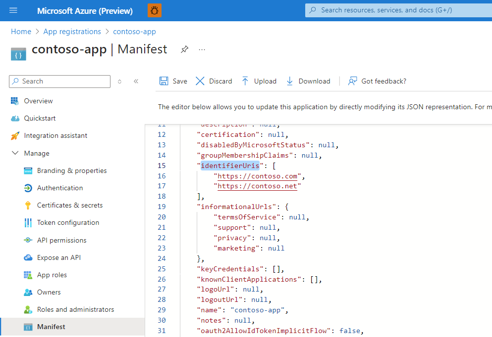 Screenshot che mostra un esempio di codice per l'aggiunta di un URI dell'applicazione.