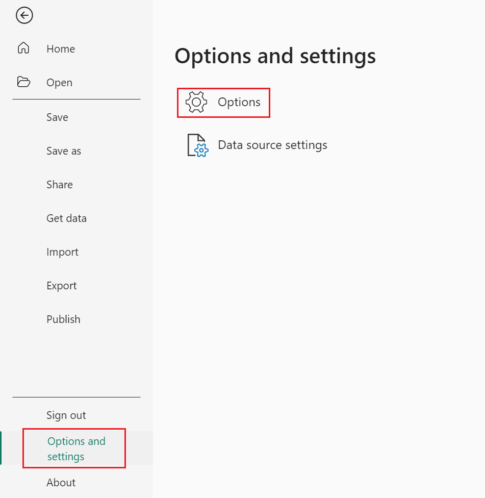 Screenshot del menu Opzioni in Power BI Desktop.