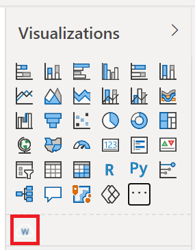 Screenshot del riquadro Visualizzazioni di Power BI che mostra i nuovi oggetti visivi importati.