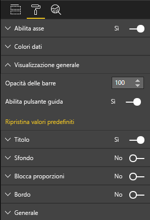 Screenshot del riquadro Visualizzazioni di Power BI, che mostra la nuova opzione Abilita pulsante Guida.