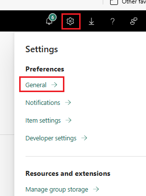 Screenshot delle impostazioni, generale, opzione di menu nel servizio Power BI.