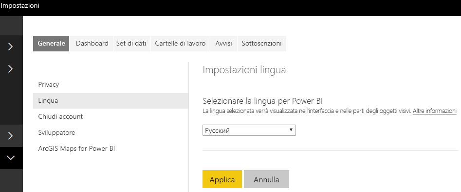 Screenshot che mostra le impostazioni della lingua in Fabric.