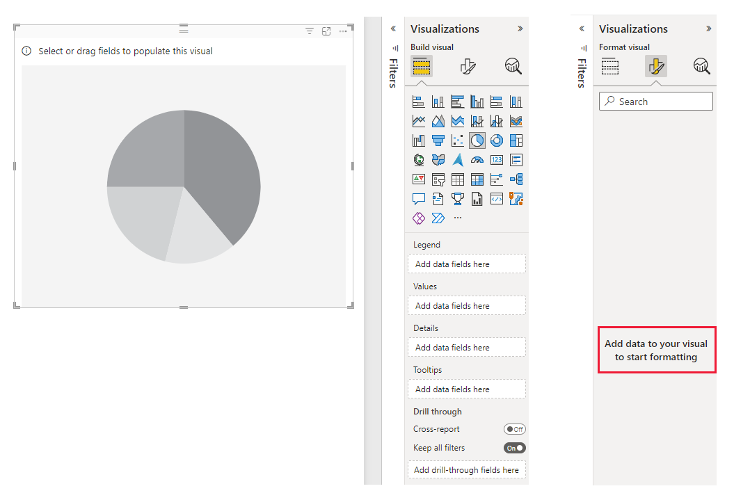 Screenshot di un oggetto visivo di Power BI che mostra dati vuoti e impostazioni visive inattive nel riquadro Visualizzazioni.