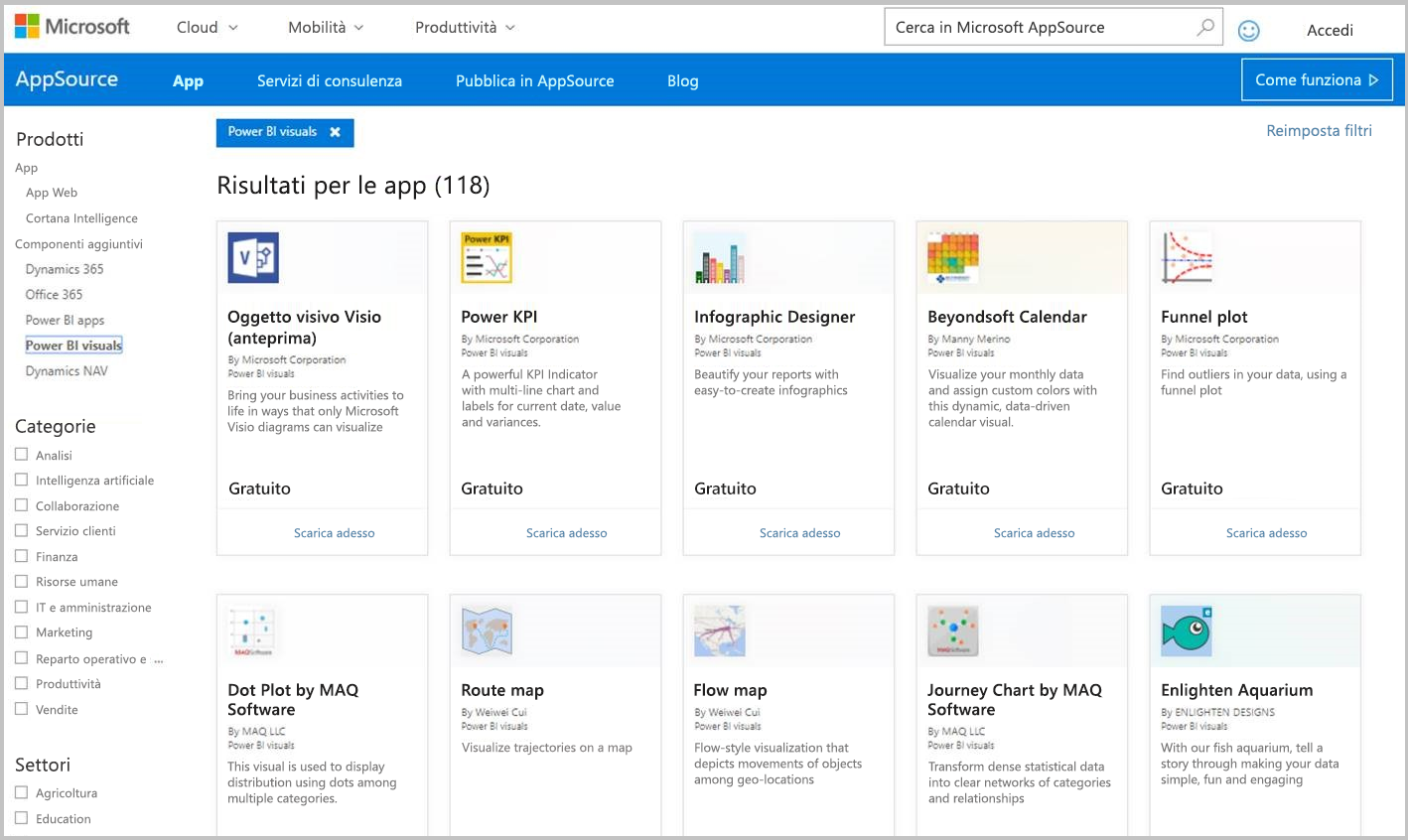 Screenshot di oggetti visivi di Power BI in AppSource.