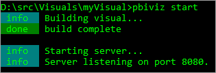 Screenshot di PowerShell che esegue il comando p b i viz start che mostra l'avvio del server.