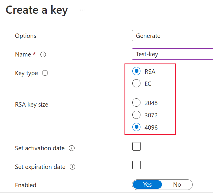 Screenshot delle selezioni del tipo di chiave RSA e delle dimensioni.