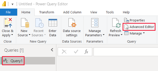 Screenshot che evidenzia il pulsante dell'editor avanzato nell’editor di Power Query in Power BI Desktop.