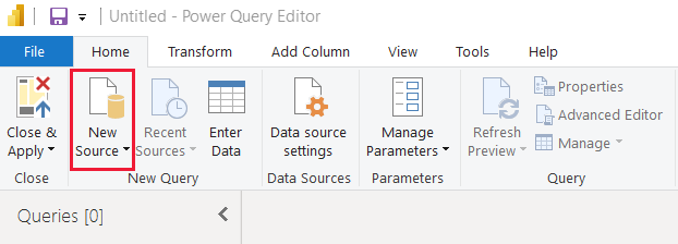 Screenshot che evidenzia il nuovo pulsante di origine nell'editor di Power Query in Power BI Desktop.