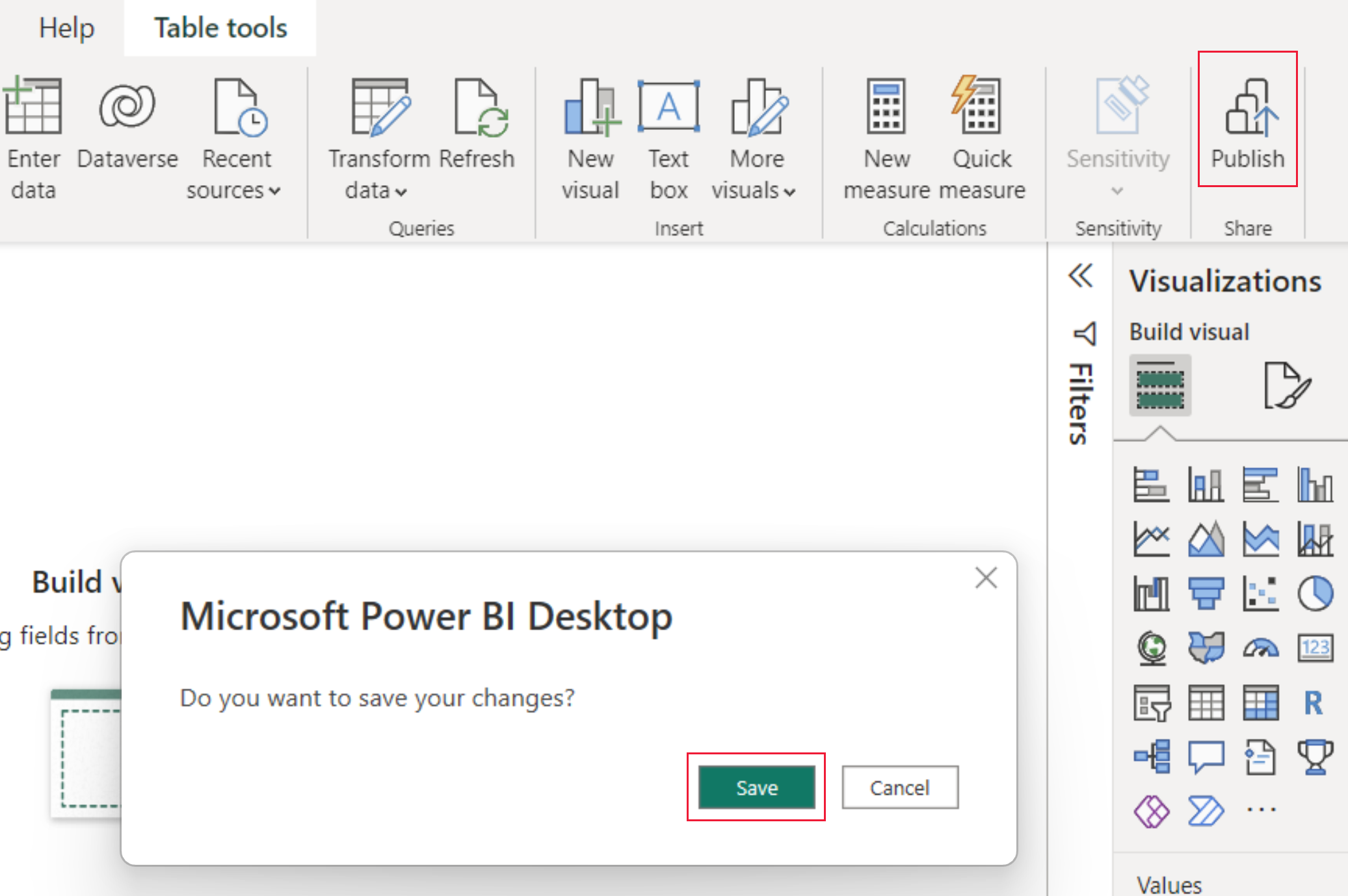 Screenshot che mostra la finestra popup di Microsoft Power BI Desktop dopo aver selezionato il pulsante di pubblicazione. I pulsanti di pubblicazione e salvataggio sono evidenziati.