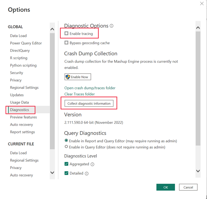 Screenshot del pannello delle opzioni di Power BI Desktop con Abilita traccia e Raccogli informazioni di diagnostica evidenziate.