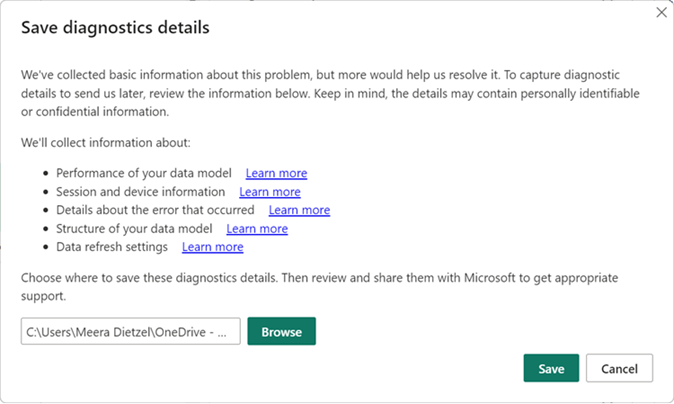 Screenshot della finestra di dialogo Salva dettagli diagnostica di Power BI Desktop.