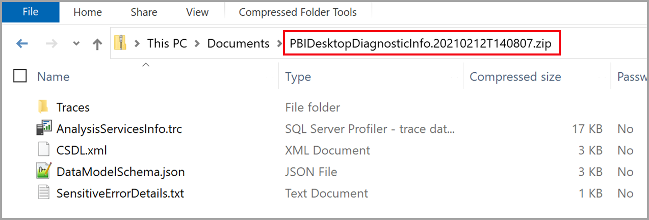 Screenshot di una finestra di Esplora risorse che mostra il percorso del file ZIP di diagnostica e del contenuto.