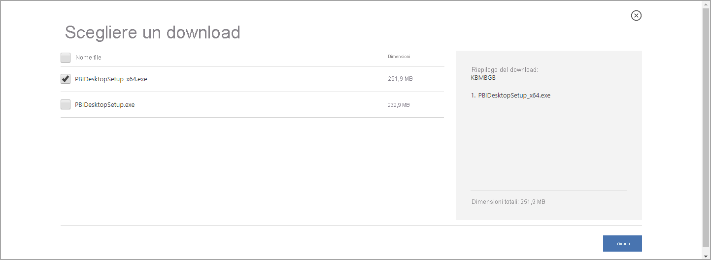 Screenshot dell'Area download che mostra il download di Power BI Desktop a 64 bit selezionato.