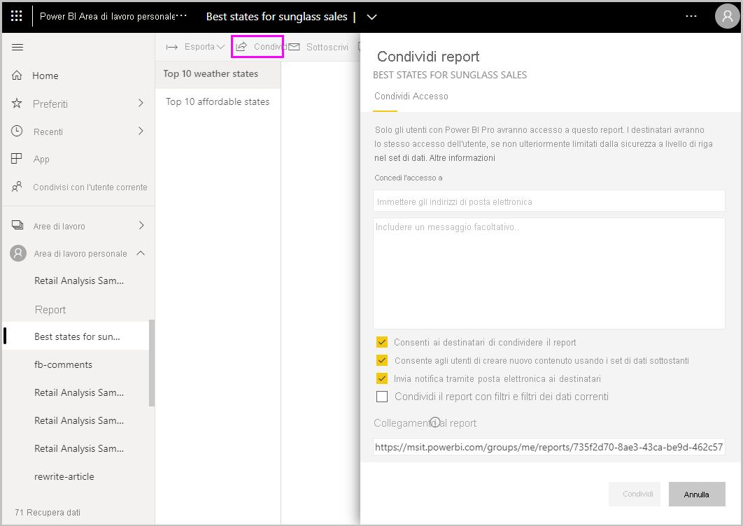 Screenshot di Power BI Desktop che mostra la schermata Condividi report.