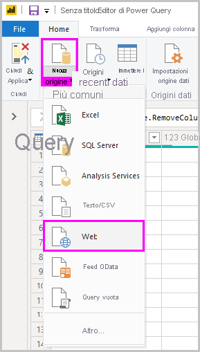 Screenshot di Power BI Desktop che mostra la selezione di Web da Nuova origine nell'editor di Power Query.